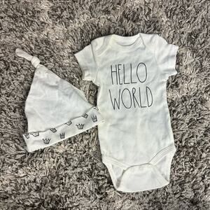 Rae Dunn Hello World Onesie Bodysuit Hat Set Baby Boy Girl 3-6 Months